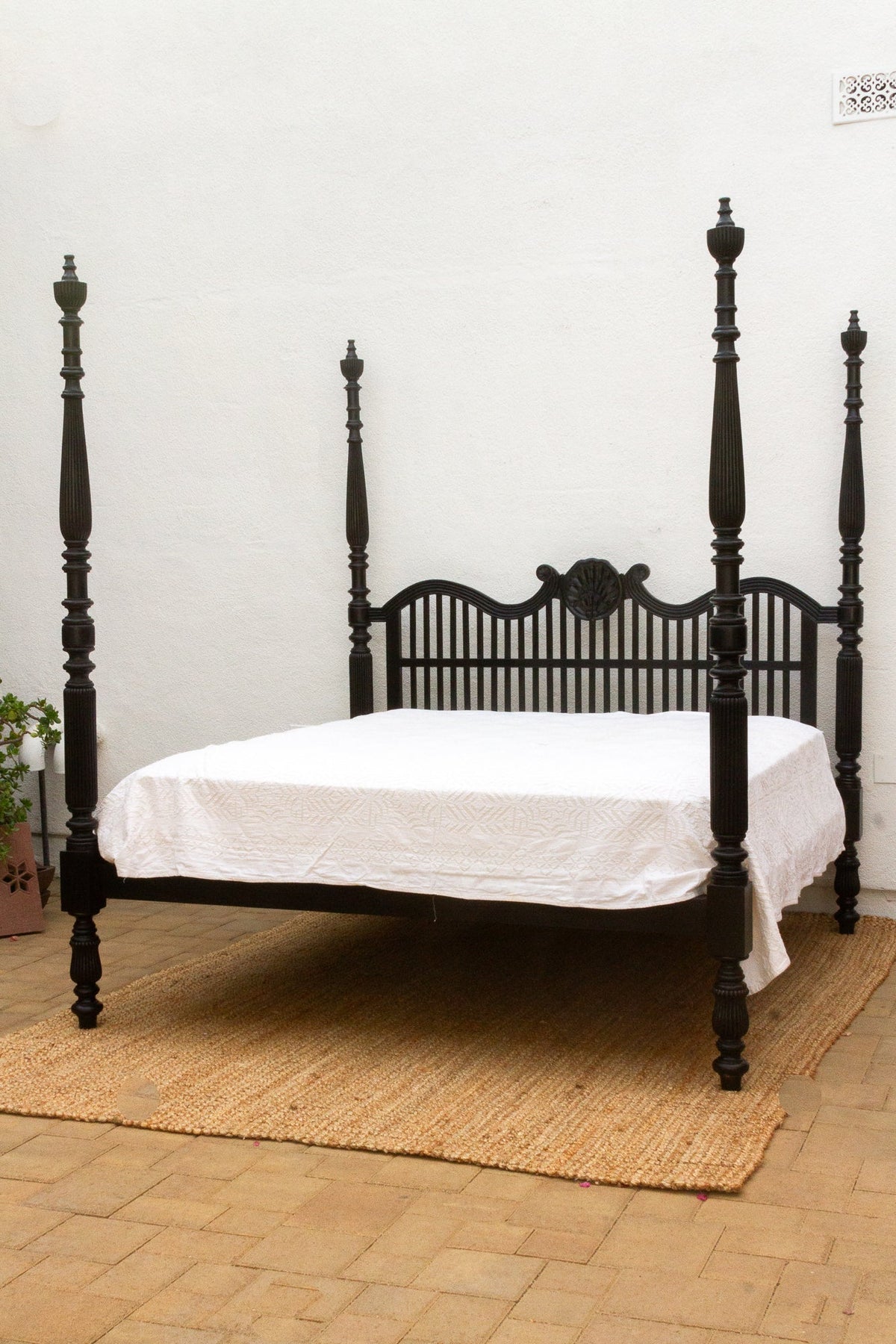 Finely Carved British Colonial Ebonized King Bed