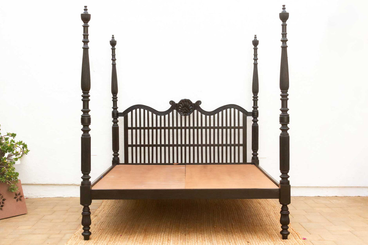 Finely Carved British Colonial Ebonized King Bed