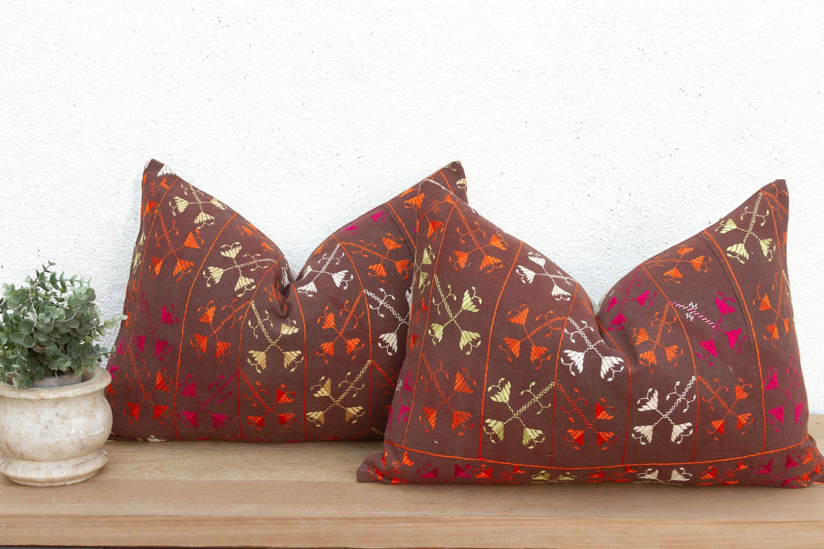 Set of 2, Kuchiana Mirror, Antique Phulkari Lumbar Pillow Covers