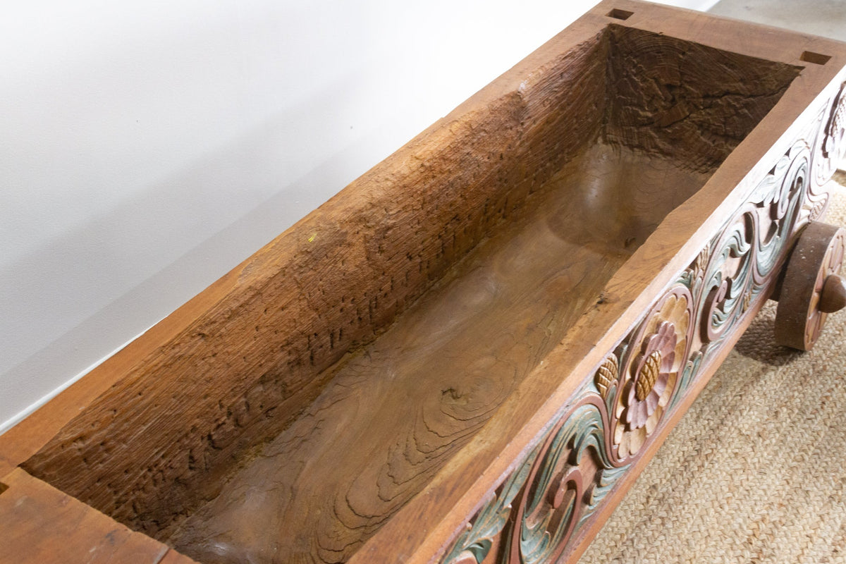 Antique Very Long Carved Wooden Planter Trough