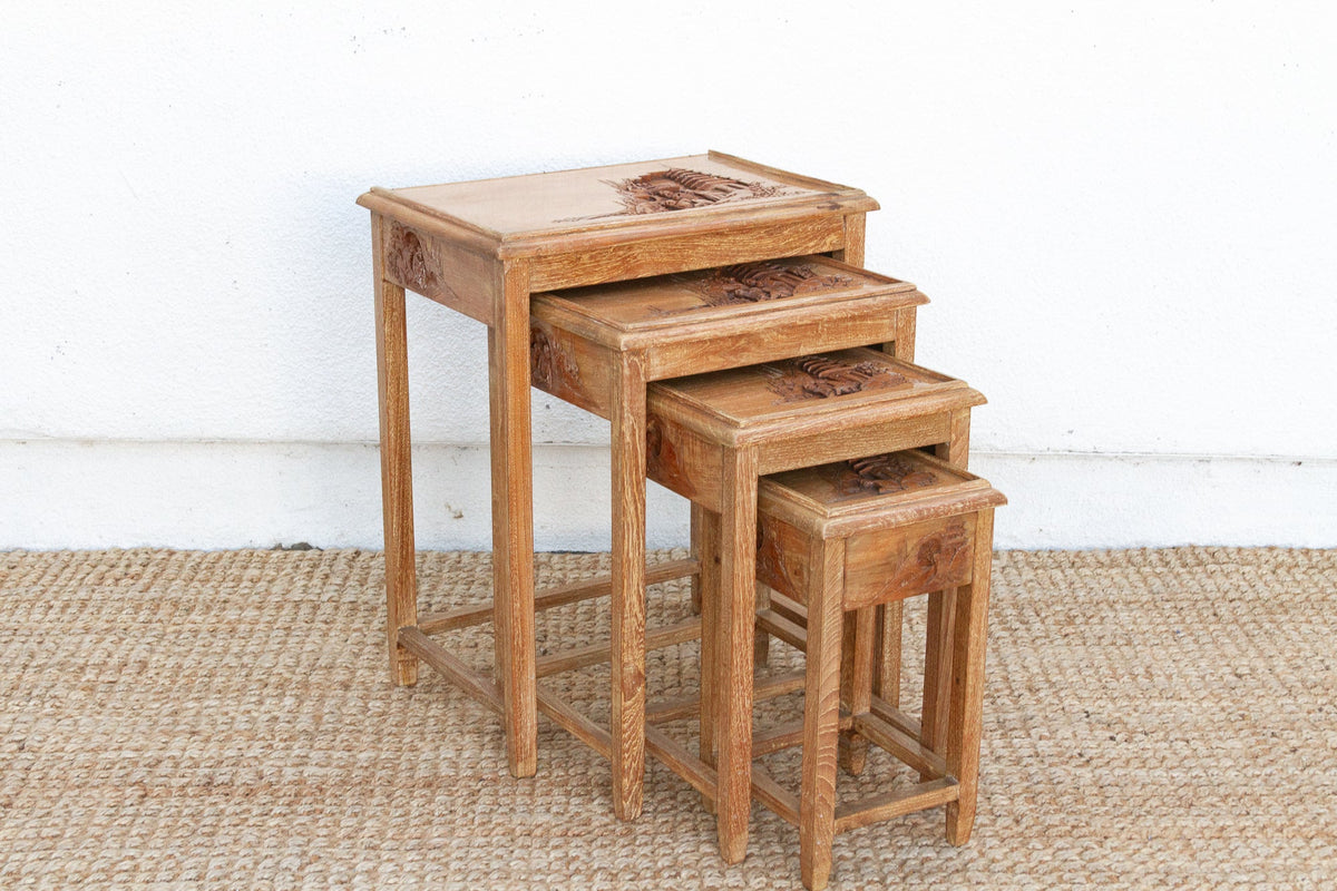 Set of Four, Mid-Century Carved Nesting Tables