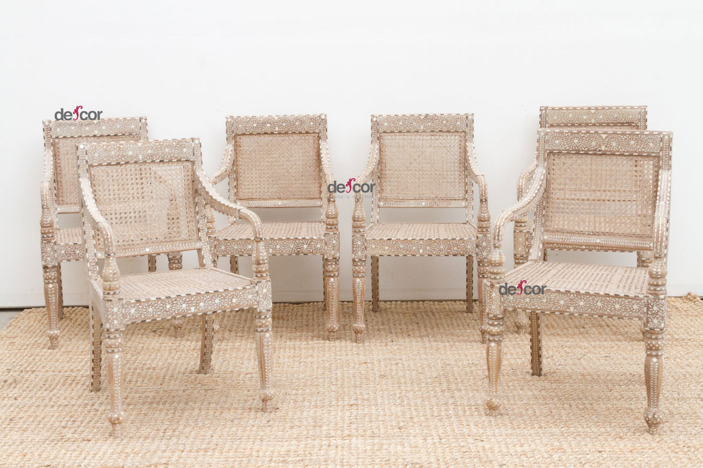 Raj British Colonial Inlaid Dining Chairs, Set of 6