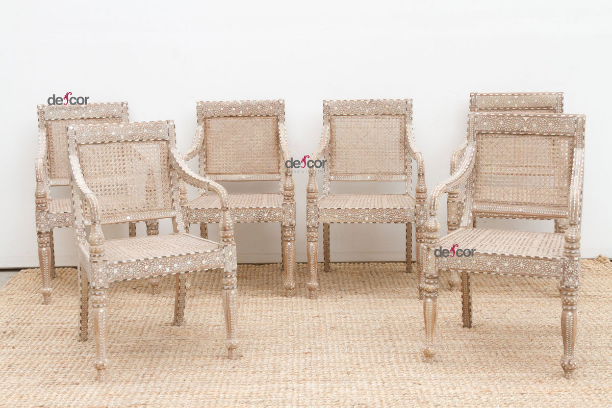 Raj British Colonial Inlaid Dining Chairs, Set of 6