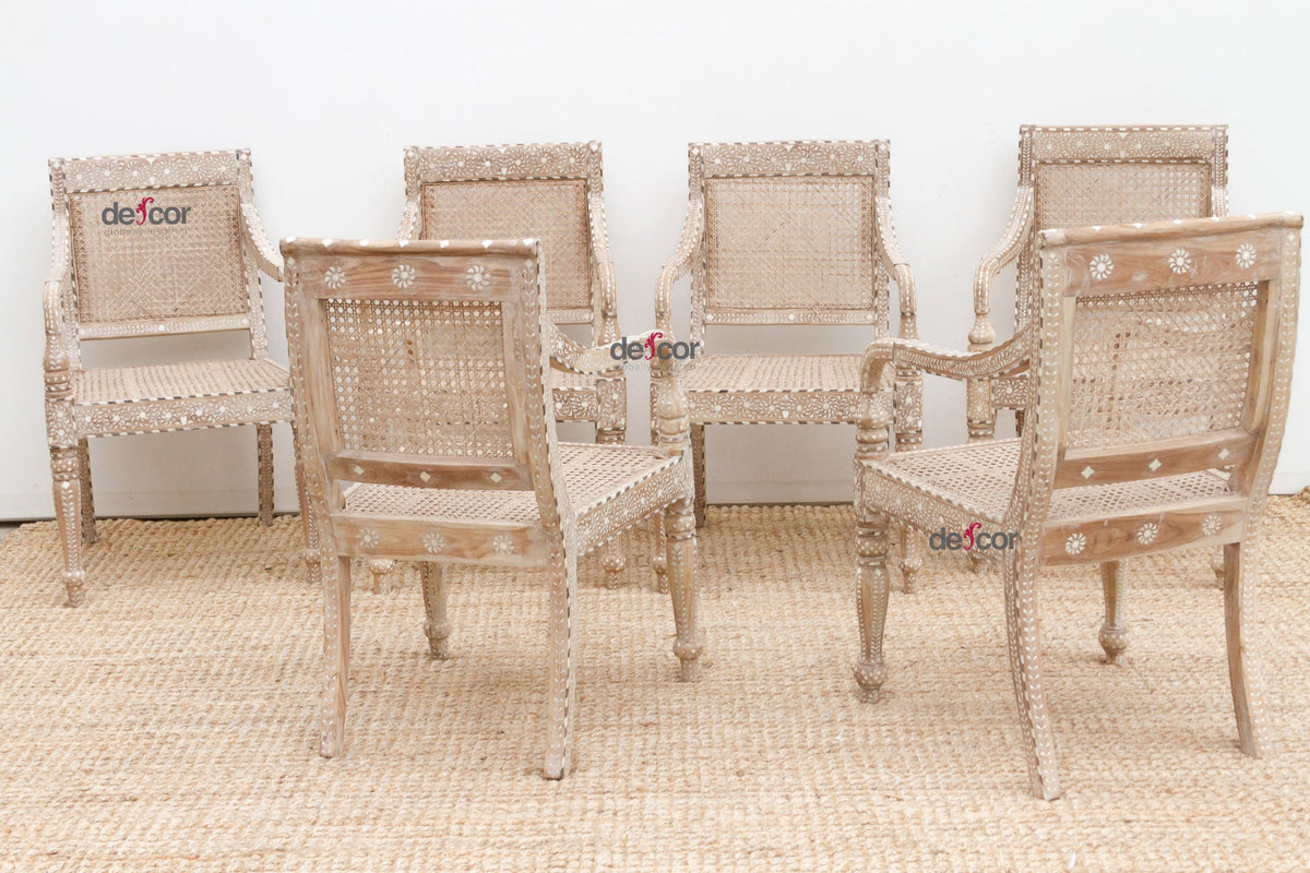 Raj British Colonial Inlaid Dining Chairs, Set of 6