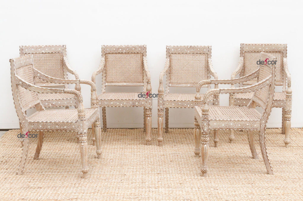 Raj British Colonial Inlaid Dining Chairs, Set of 6