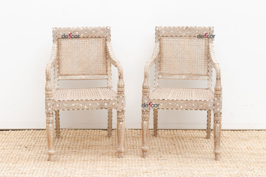 Raj British Colonial Inlaid Dining Chairs, Set of 6