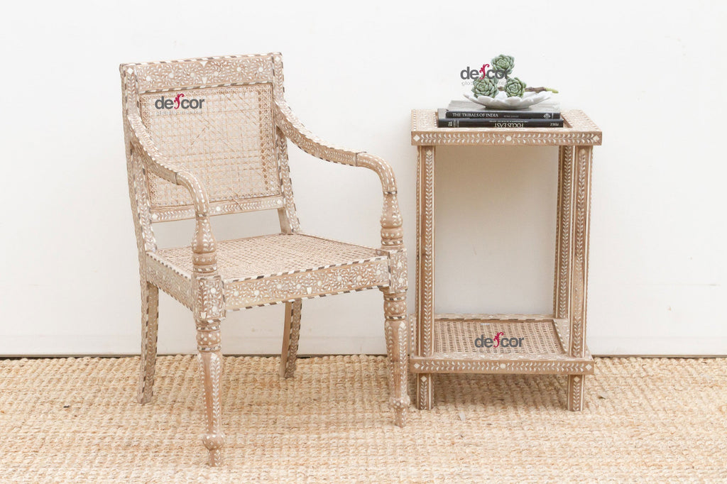 Raj Colonial Inlaid Armchair with Cane Seat