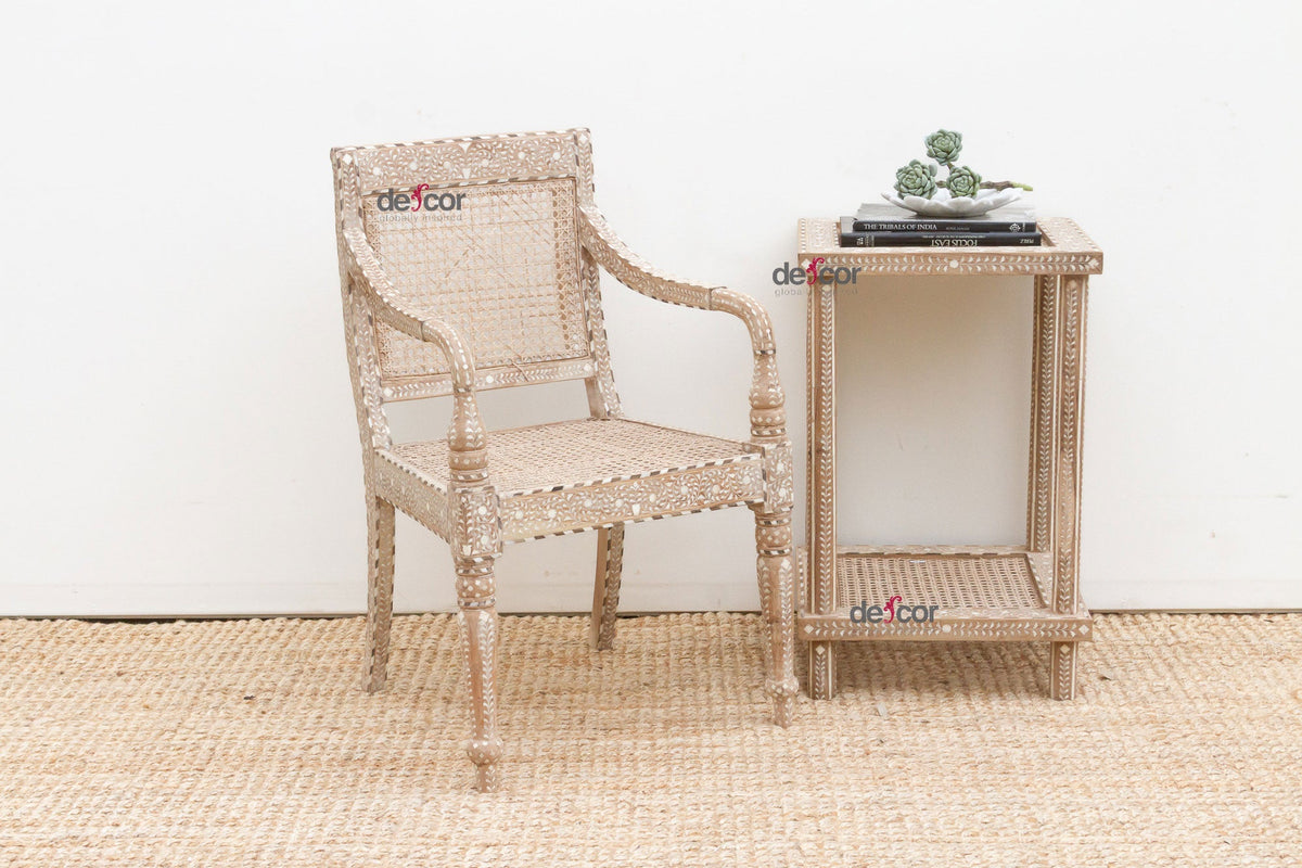 Raj Colonial Inlaid Armchair with Cane Seat