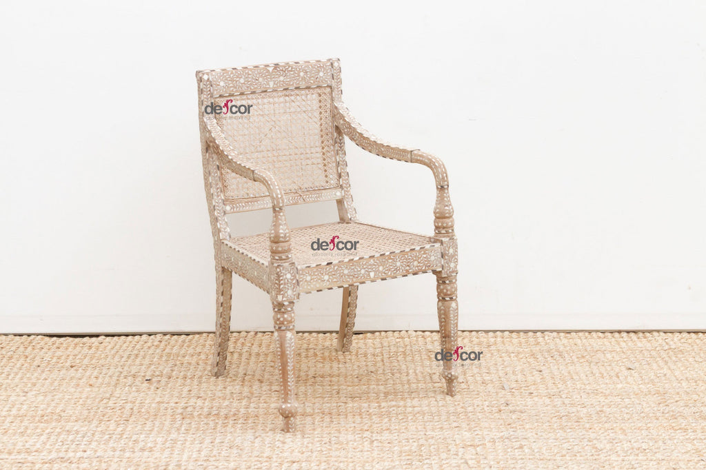 Raj Colonial Inlaid Armchair with Cane Seat