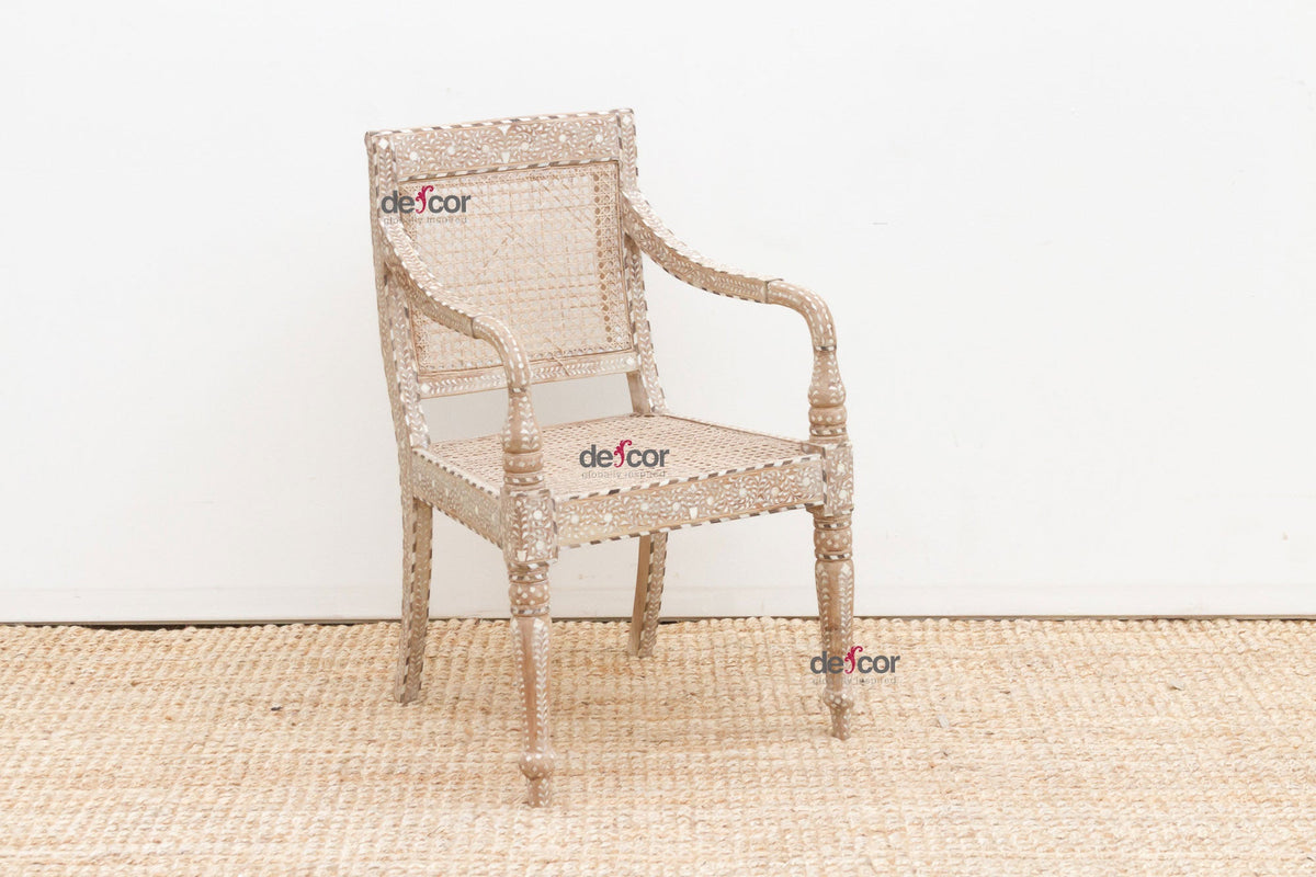 Raj Colonial Inlaid Armchair with Cane Seat
