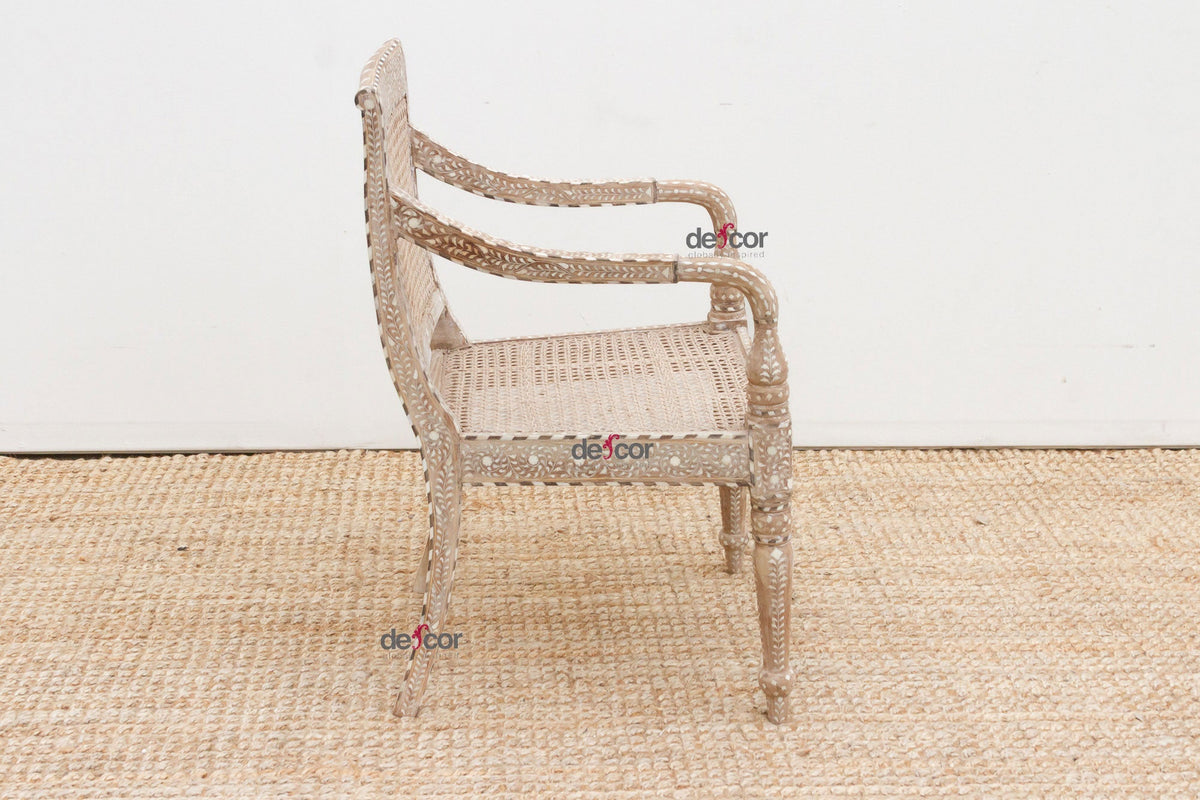 Raj Colonial Inlaid Armchair with Cane Seat