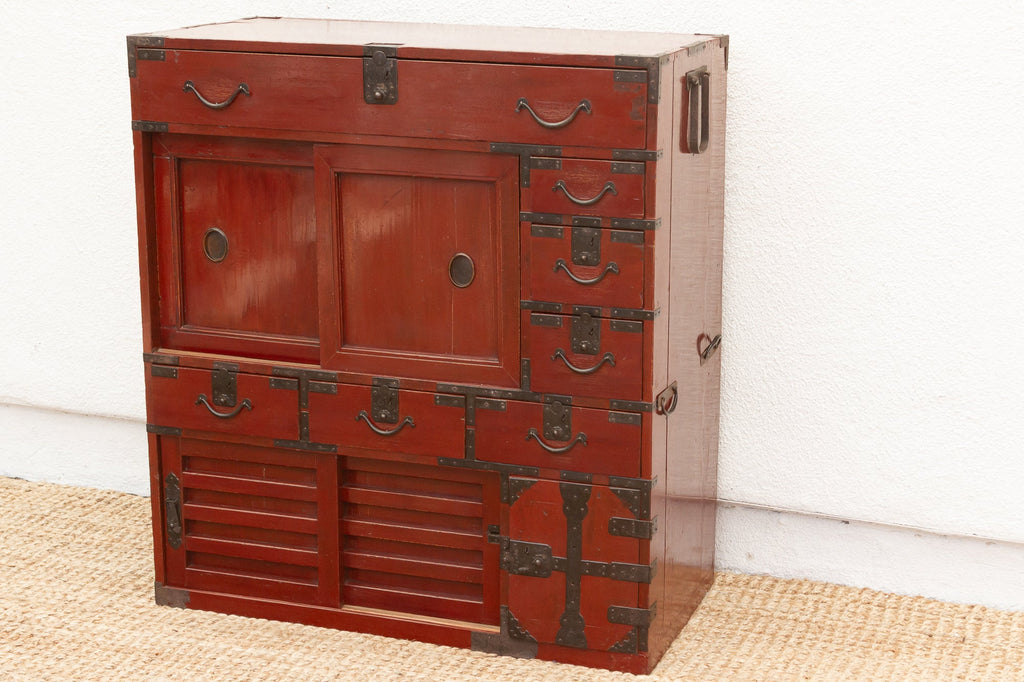 Striking Red Japanese Tansu Cabinet