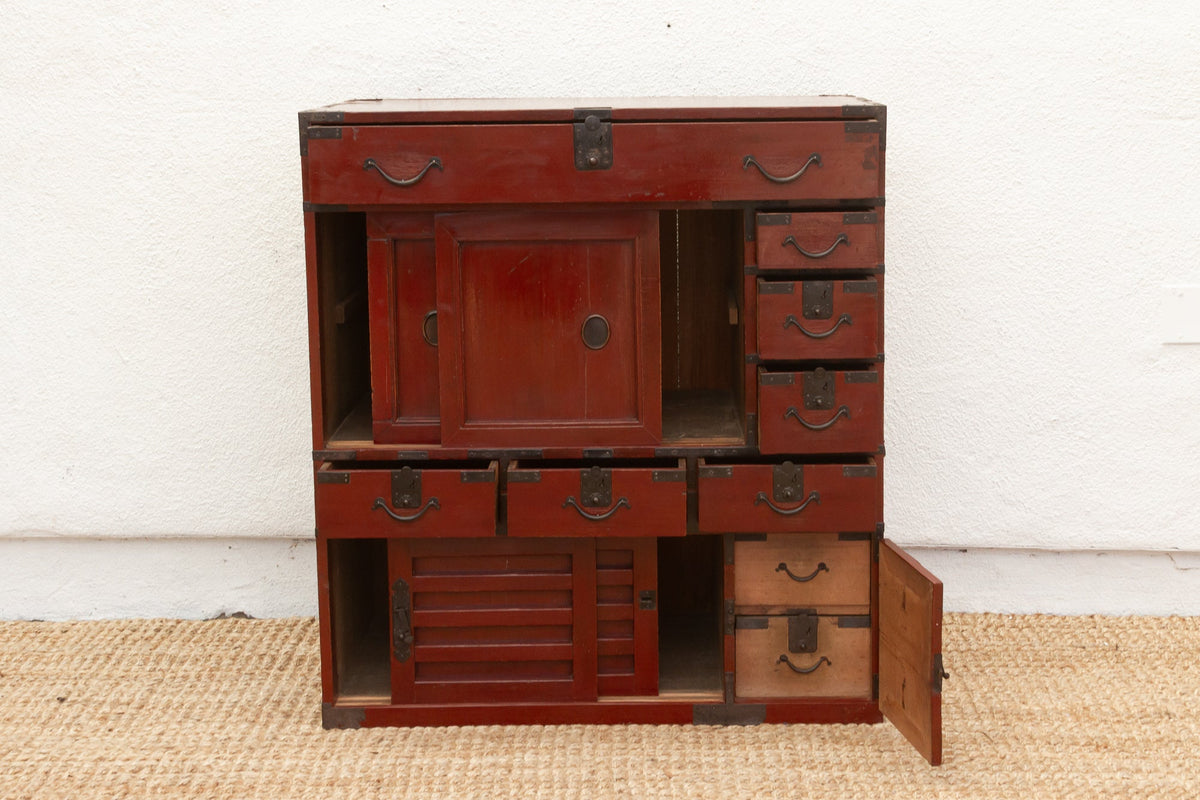 Striking Red Japanese Tansu Cabinet