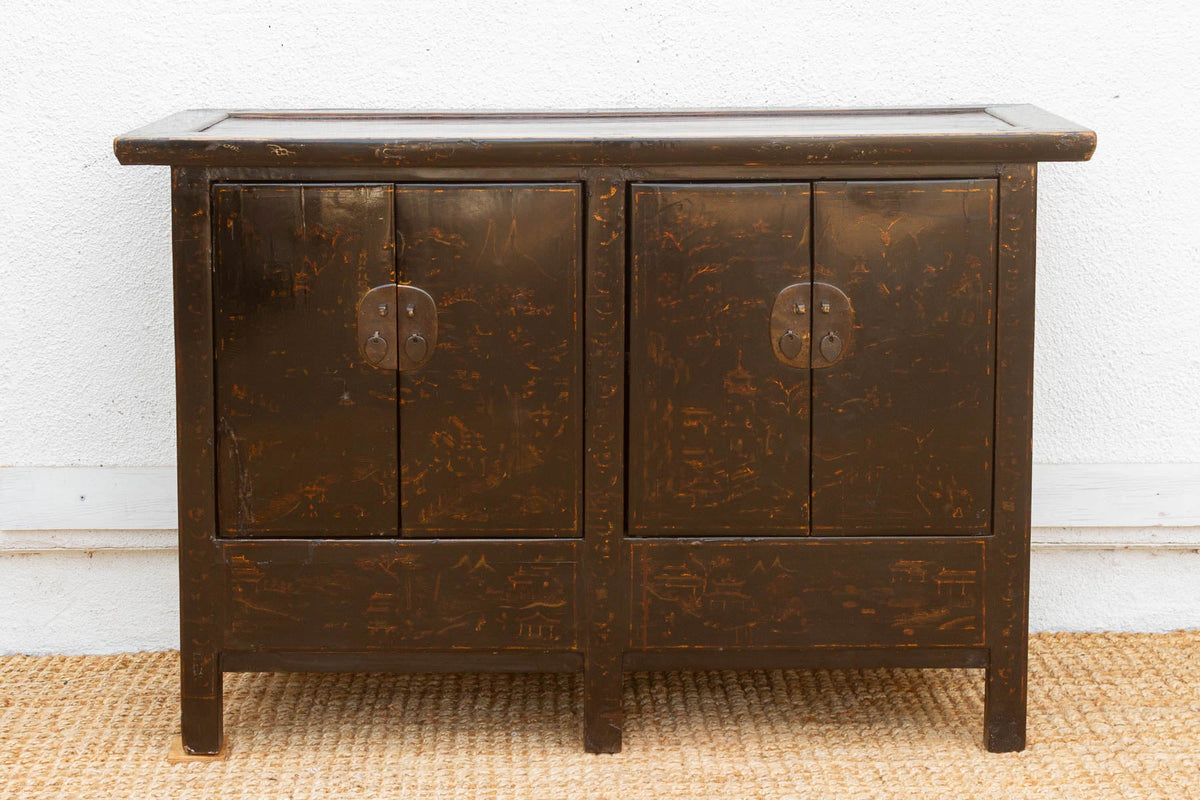 Antique Black Lacquer Chinoiserie Buffet Cabinet