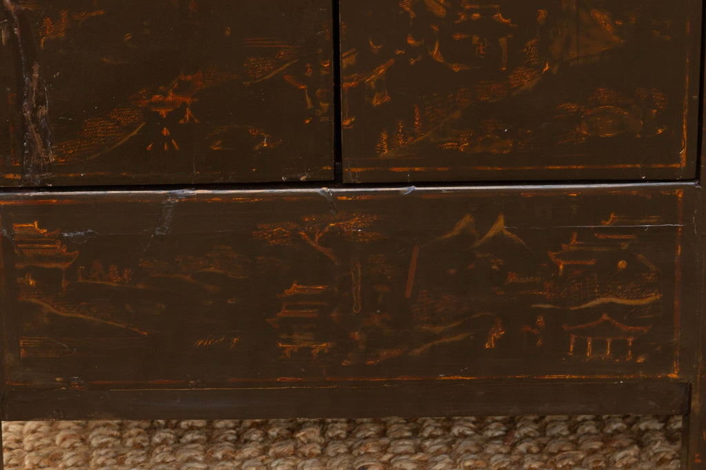 Antique Black Lacquer Chinoiserie Buffet Cabinet