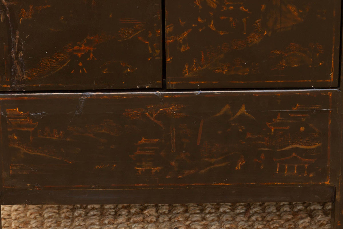 Antique Black Lacquer Chinoiserie Buffet Cabinet