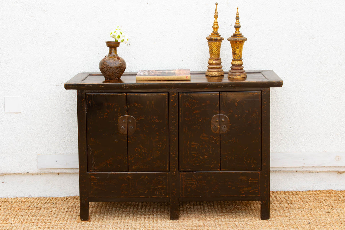 Antique Black Lacquer Chinoiserie Buffet Cabinet