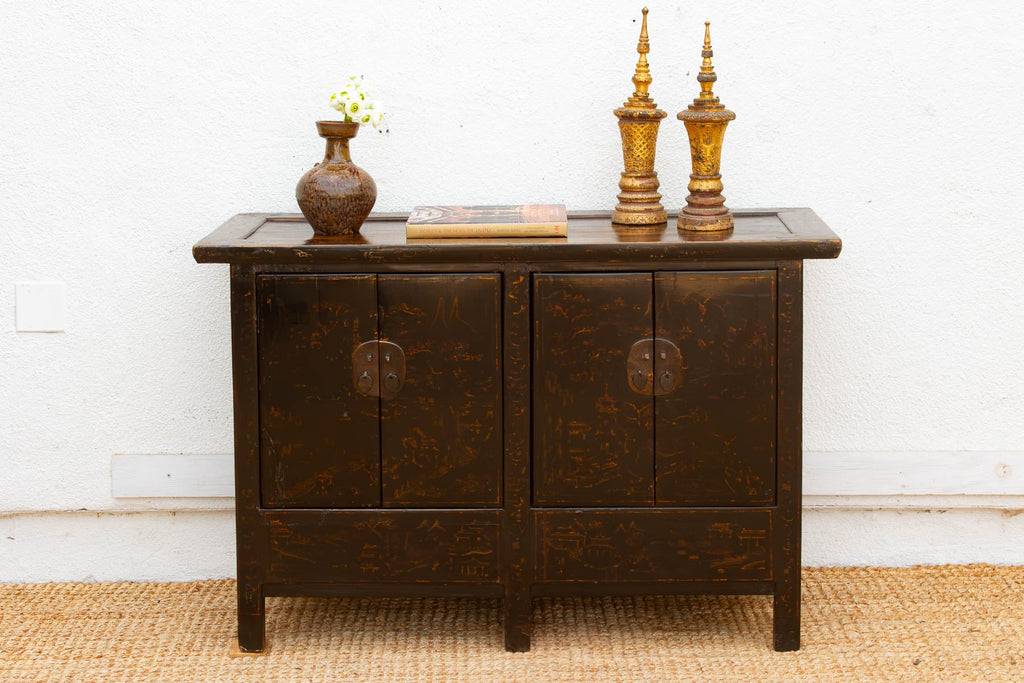 Antique Black Lacquer Chinoiserie Buffet Cabinet