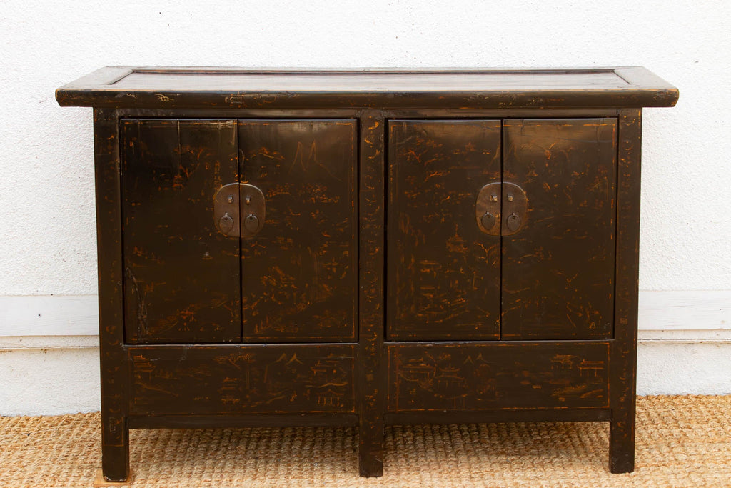 Antique Black Lacquer Chinoiserie Buffet Cabinet