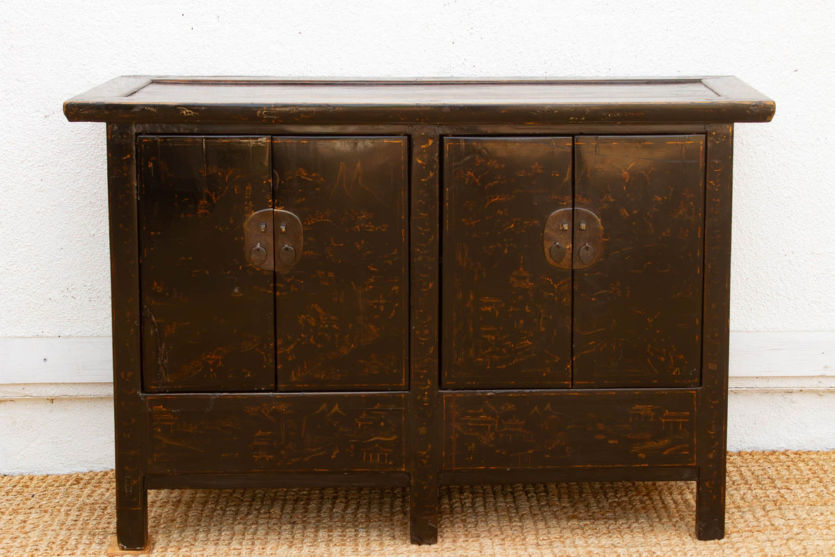 Antique Black Lacquer Chinoiserie Buffet Cabinet