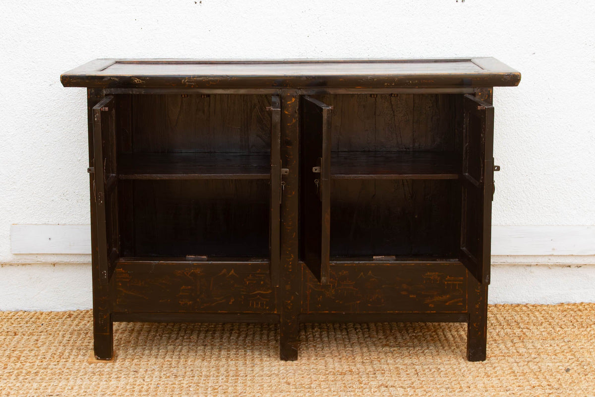Antique Black Lacquer Chinoiserie Buffet Cabinet