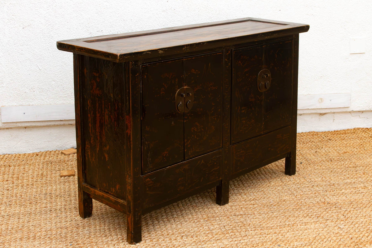 Antique Black Lacquer Chinoiserie Buffet Cabinet