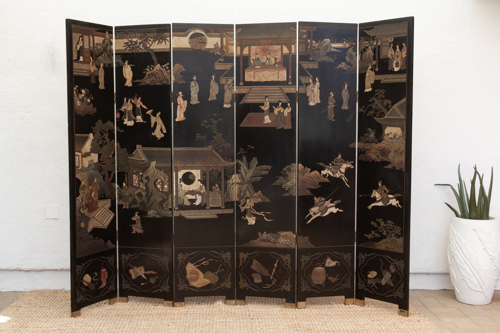 Elegant Six-Panel Black & Gold Lacquer Coromandel Screen