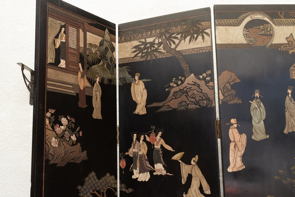 Elegant Six-Panel Black & Gold Lacquer Coromandel Screen