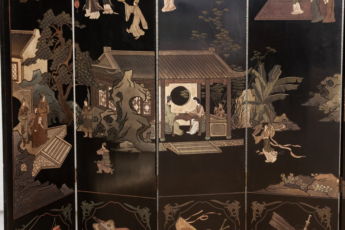 Elegant Six-Panel Black & Gold Lacquer Coromandel Screen