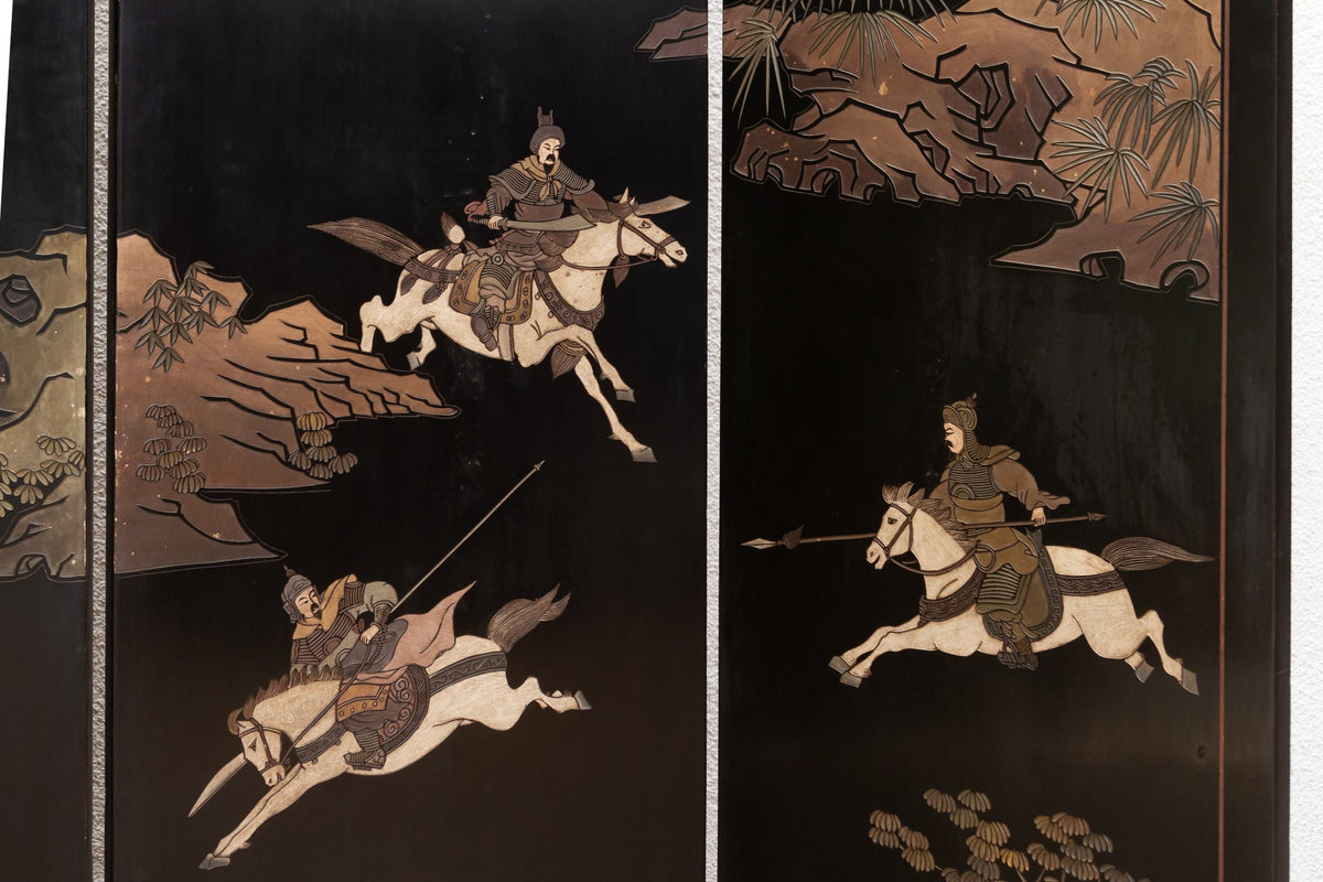 Elegant Six-Panel Black & Gold Lacquer Coromandel Screen
