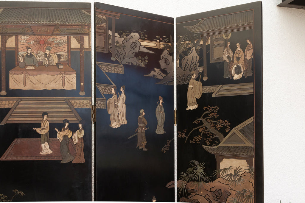 Elegant Six-Panel Black & Gold Lacquer Coromandel Screen