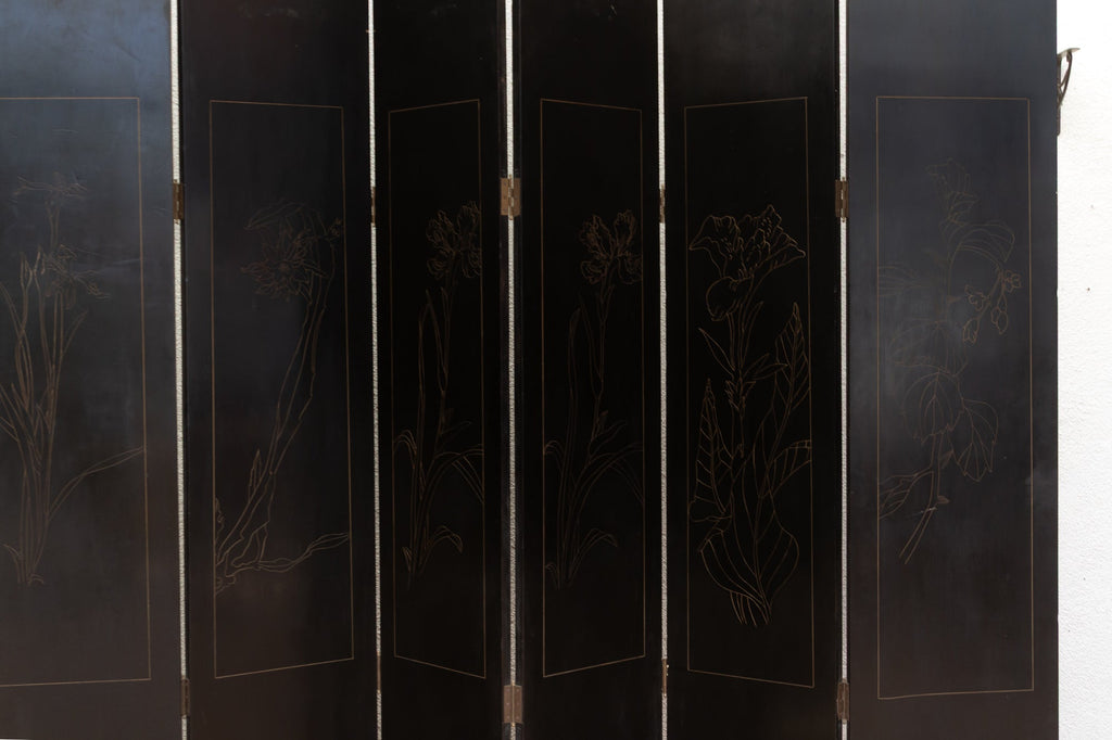 Elegant Six-Panel Black & Gold Lacquer Coromandel Screen