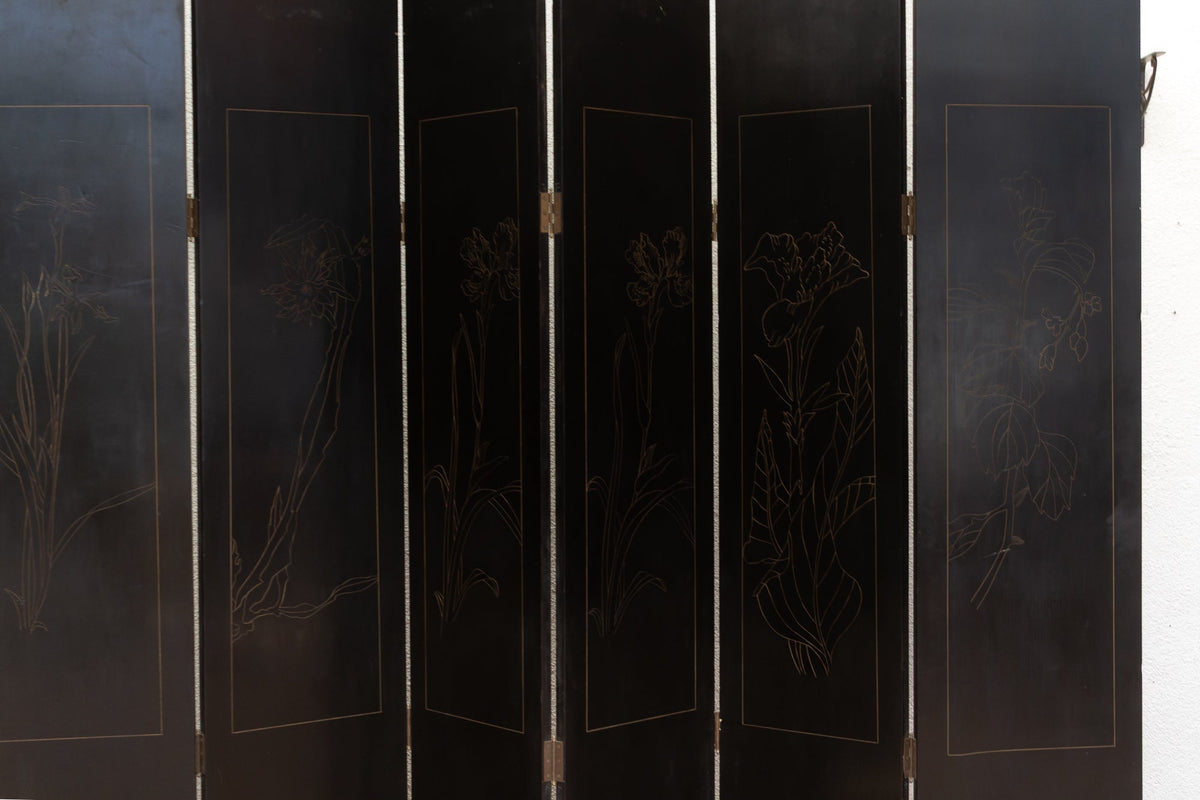 Elegant Six-Panel Black & Gold Lacquer Coromandel Screen