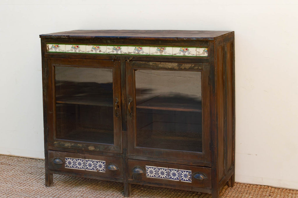 Antique Goa Colonial Tile & Glass Cabinet