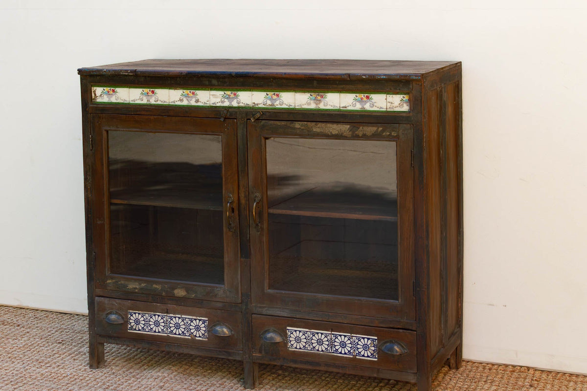 Antique Goa Colonial Tile & Glass Cabinet