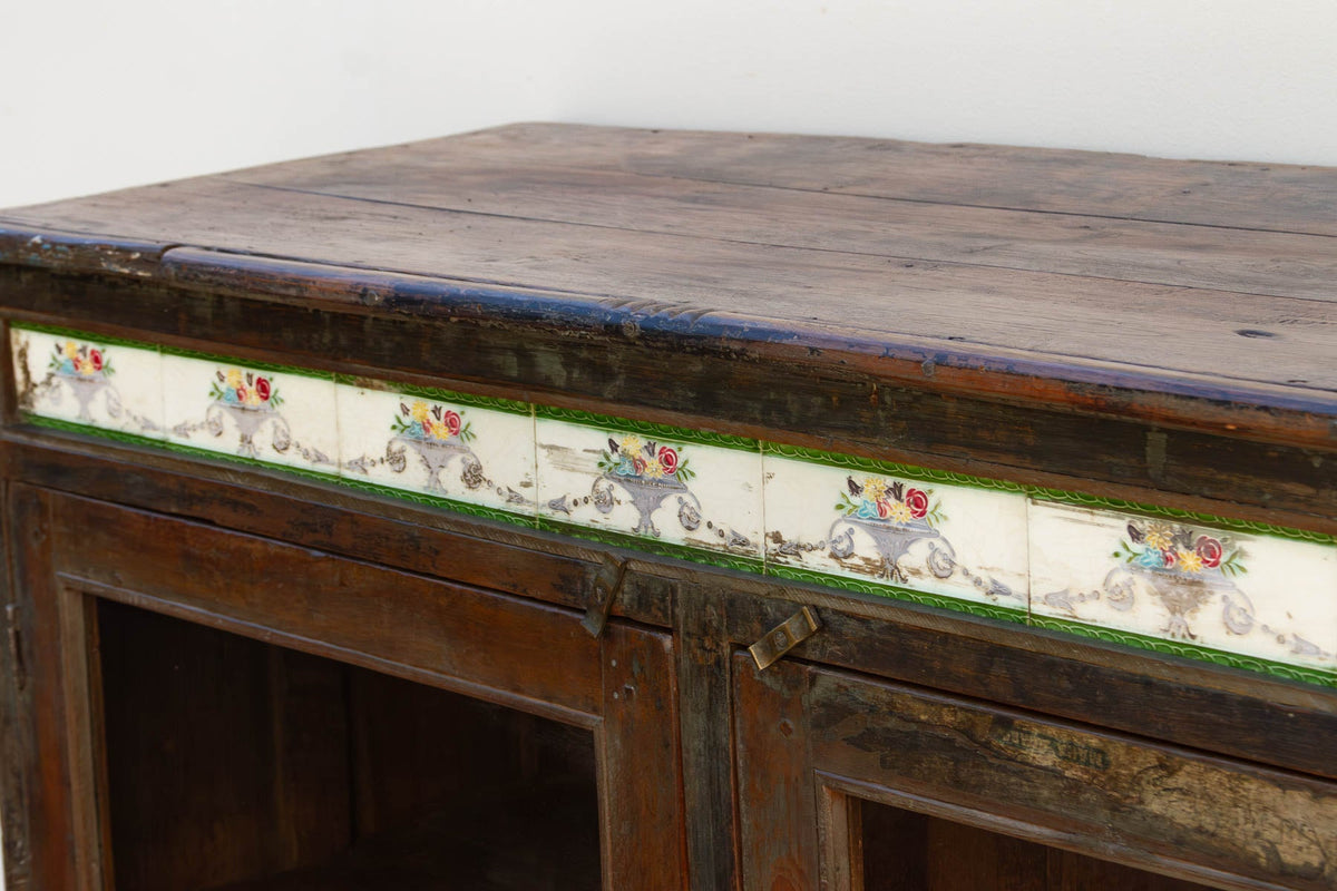 Antique Goa Colonial Tile & Glass Cabinet