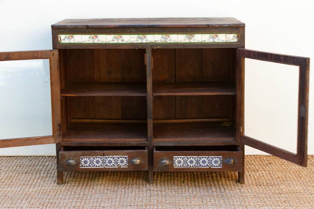 Antique Goa Colonial Tile & Glass Cabinet