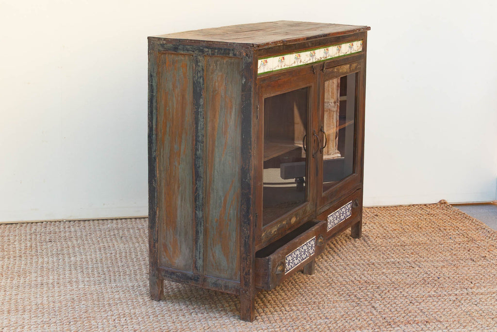Antique Goa Colonial Tile & Glass Cabinet