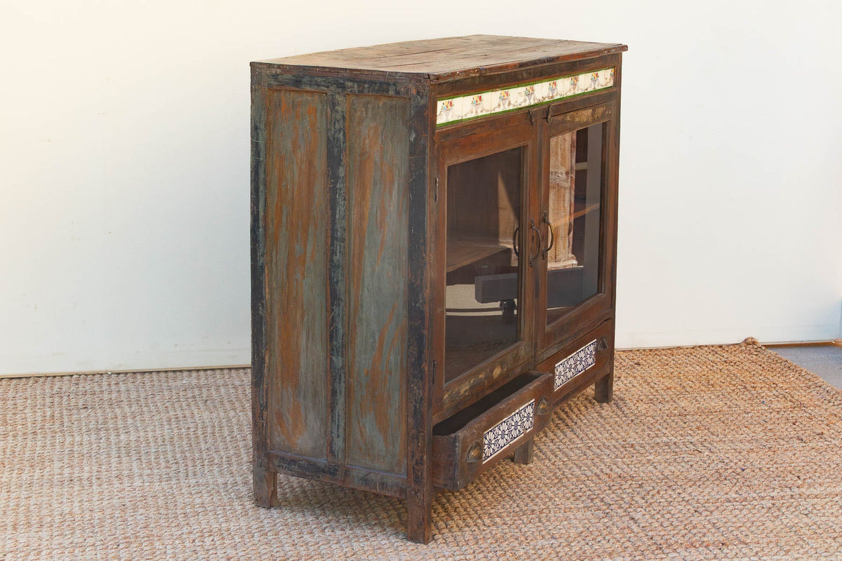Antique Goa Colonial Tile & Glass Cabinet