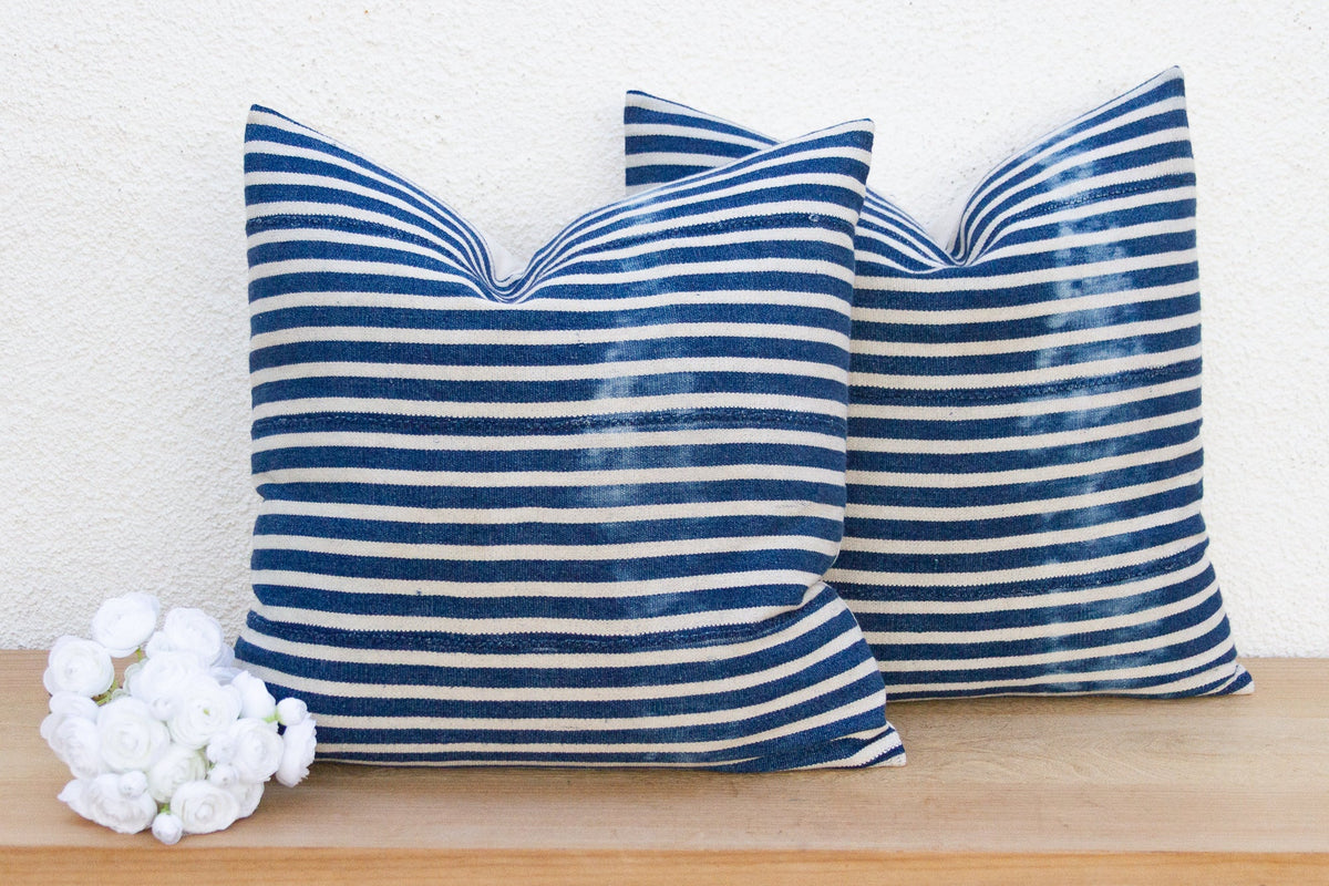 Coastal Stripe, Pair of Vintage Indigo Striped Pillows