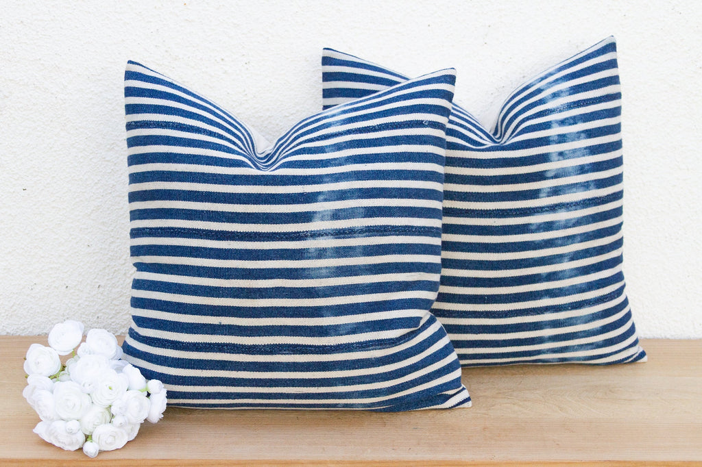 Coastal Stripe, Pair of Vintage Indigo Striped Pillows