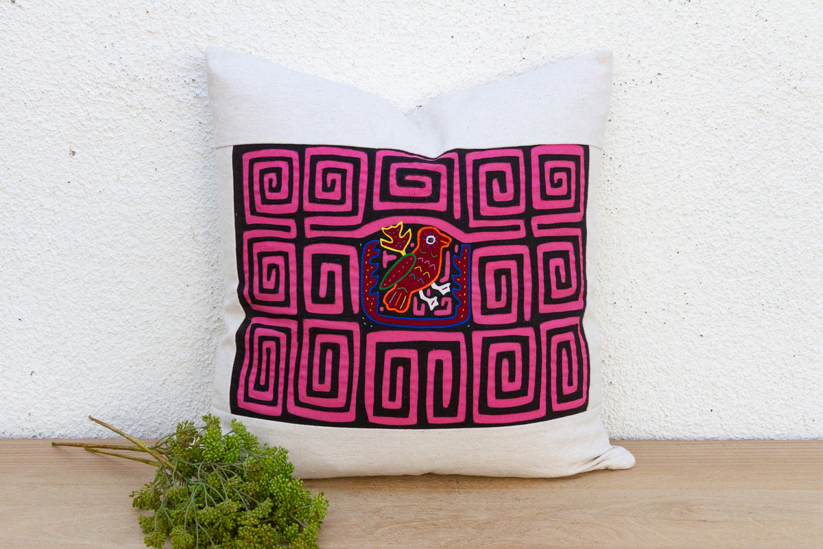 Pink & Black Mola, Vintage Kuna Applique Tribal Pillow