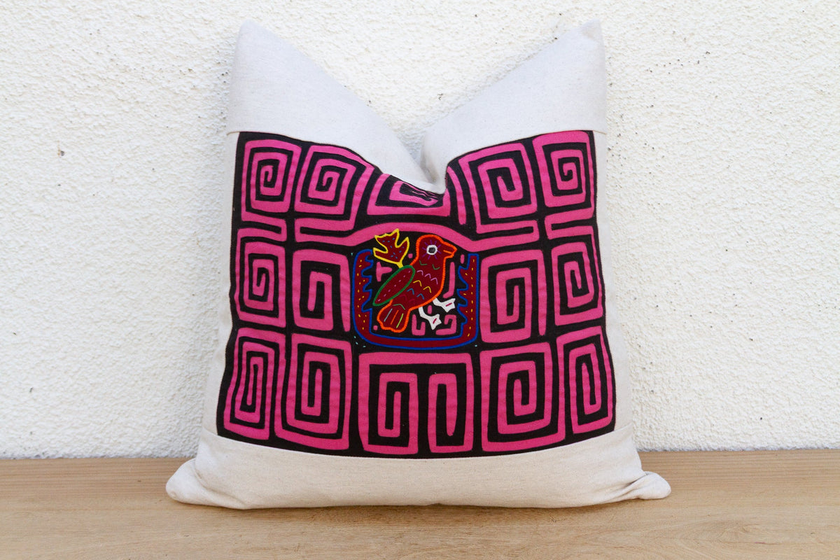 Pink & Black Mola, Vintage Kuna Applique Tribal Pillow