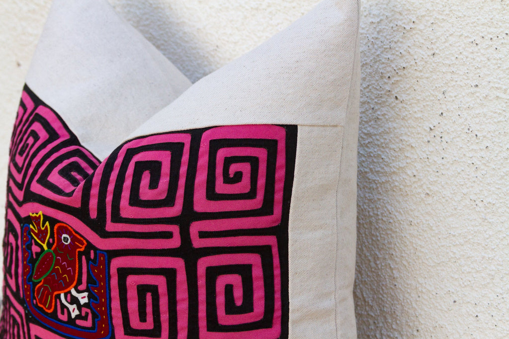Pink & Black Mola, Vintage Kuna Applique Tribal Pillow
