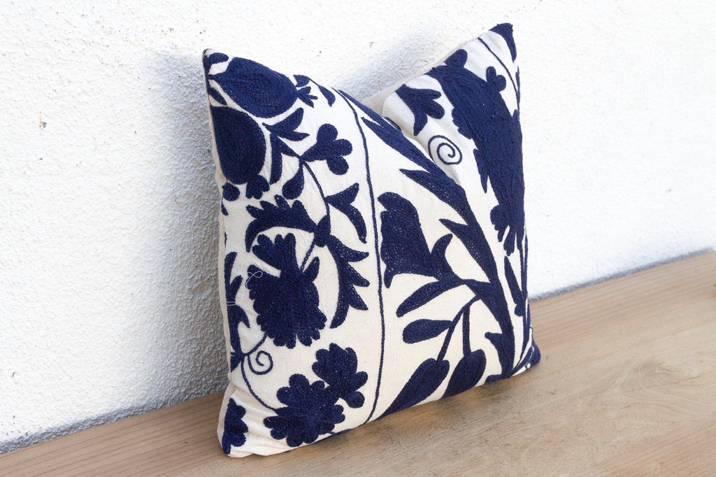 Navy Blue Floral Suzani Throw Pillow