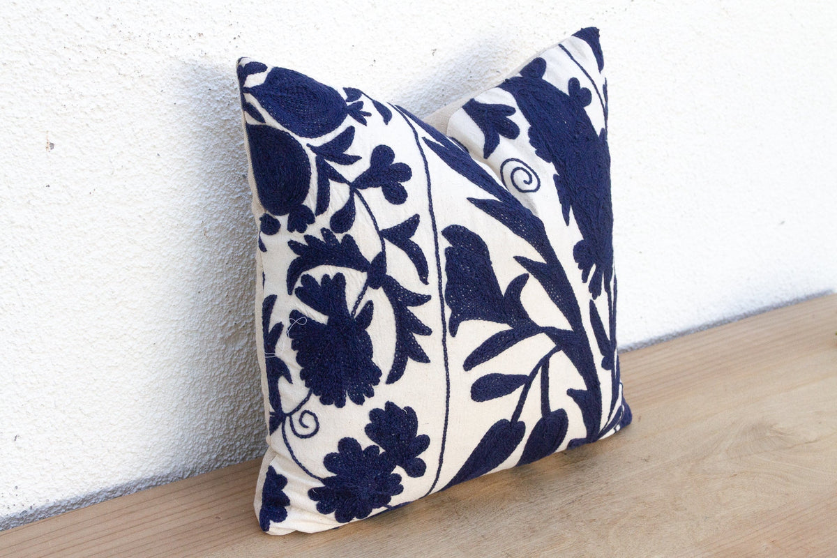 Navy Blue Floral Suzani Throw Pillow