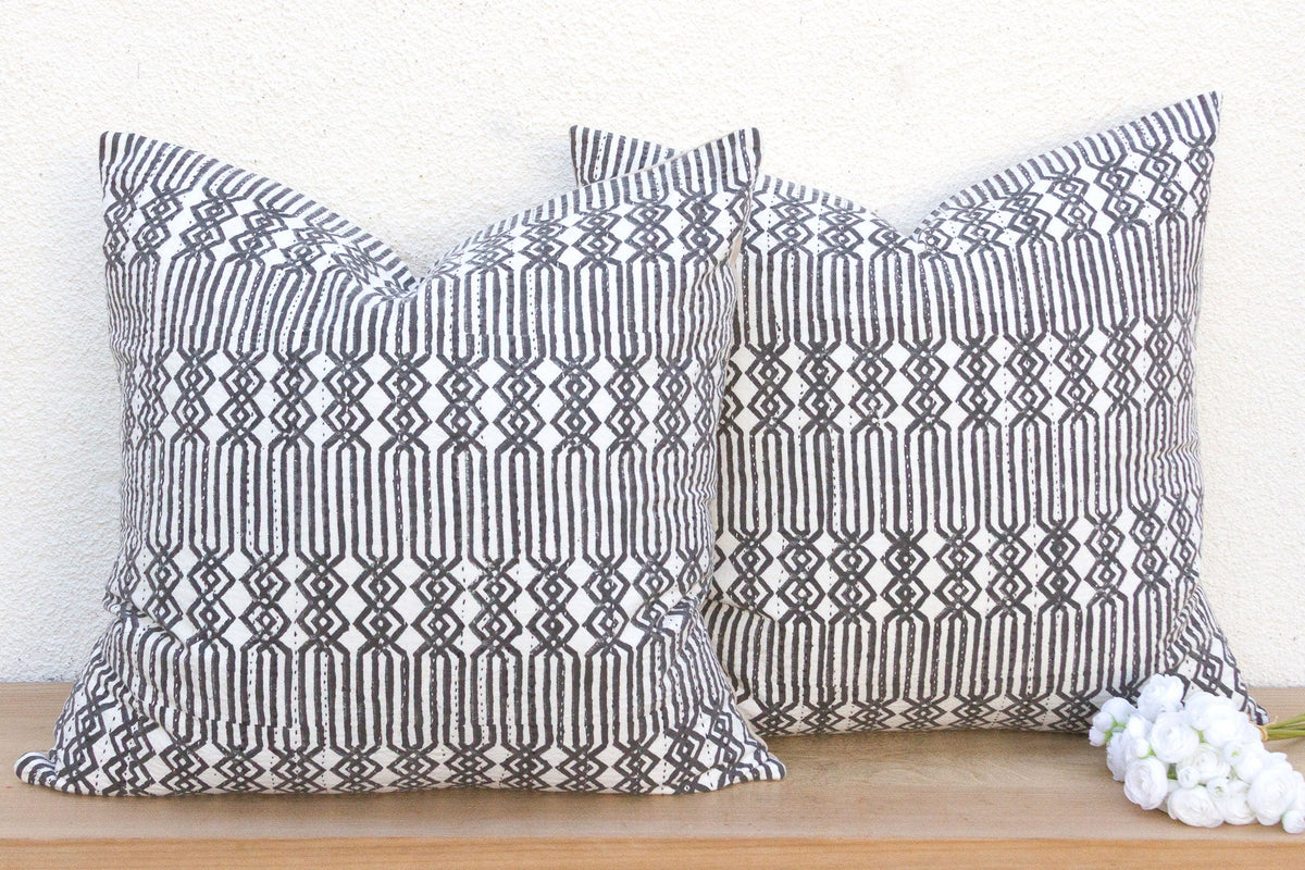 Pair of Large Black & White Blockprint Kantha Pillow