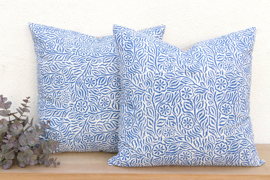 Jodhpur Garden, Blue & White Floral Block Print Pillows, Pair
