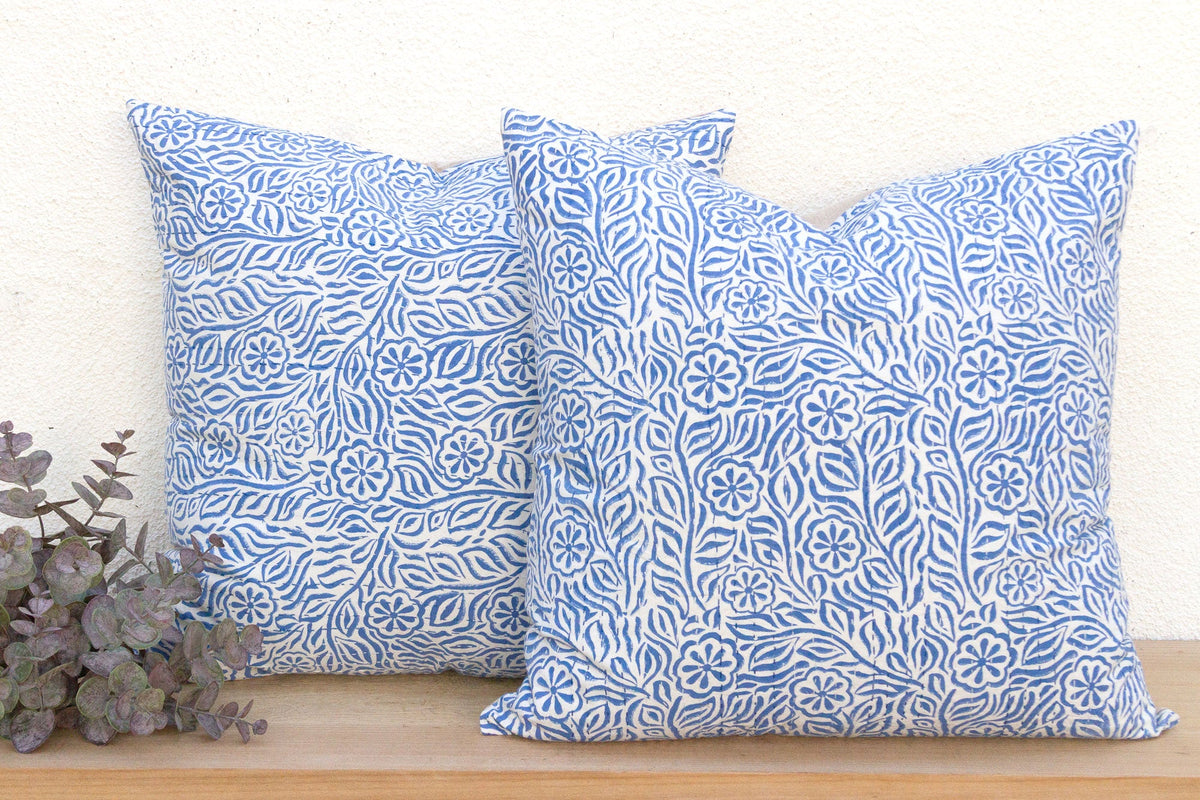 Jodhpur Garden, Blue & White Floral Block Print Pillows, Pair