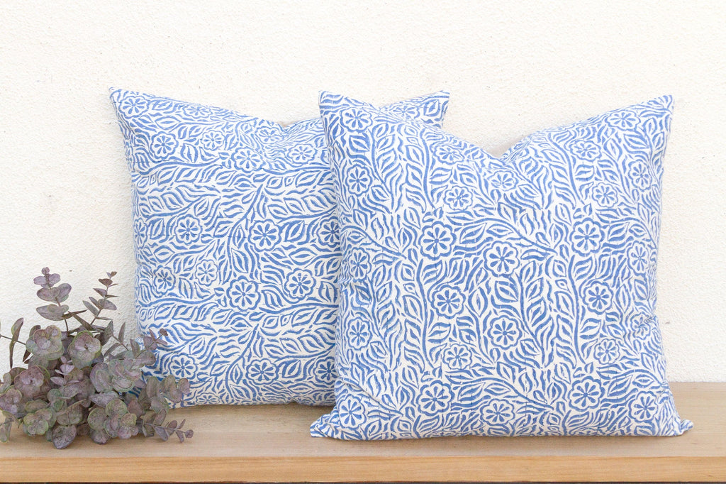 Jodhpur Garden, Blue & White Floral Block Print Pillows, Pair